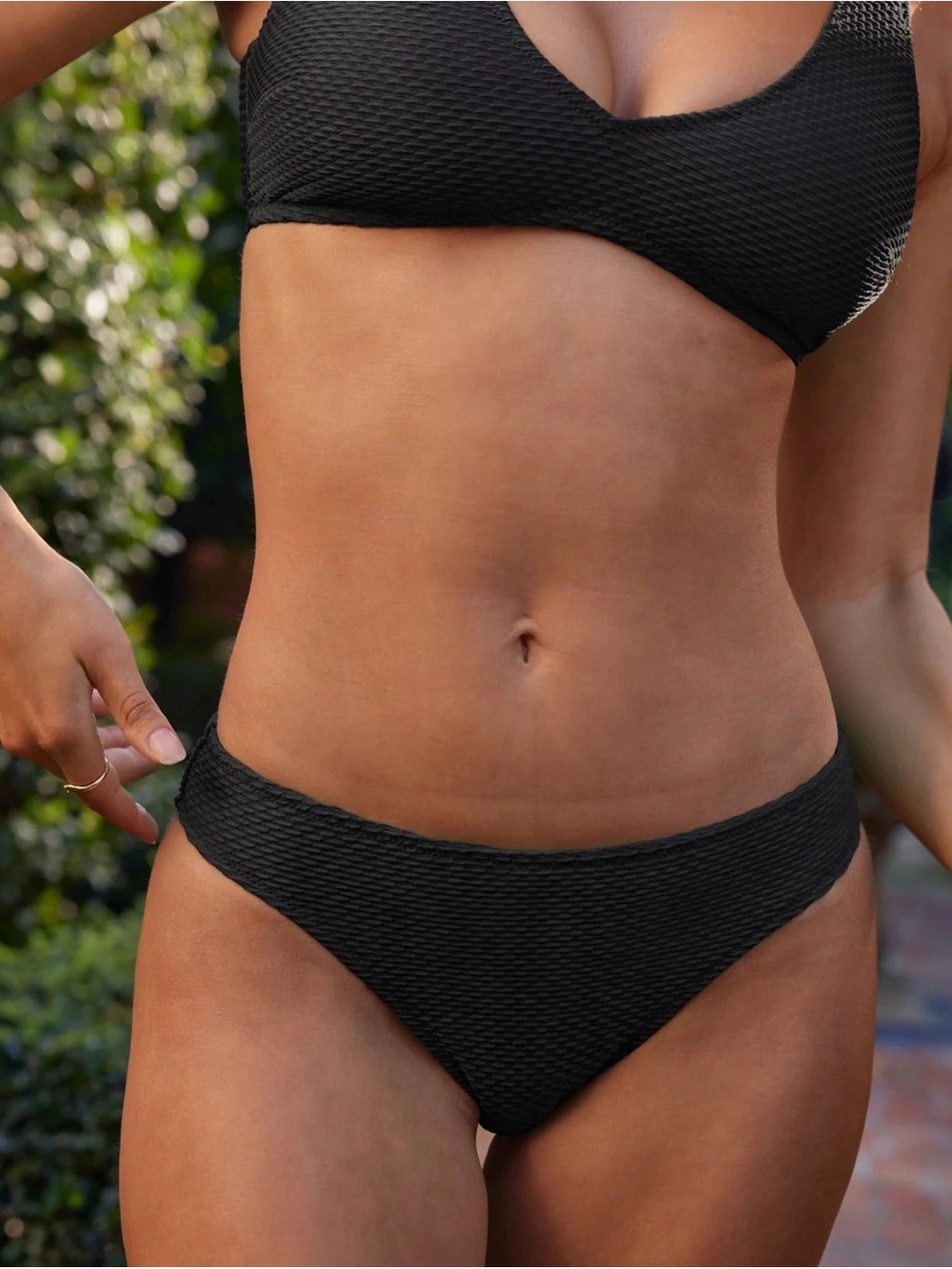 aerie Black Textured V-Neck Bikini Top and bottom - Picture 3 of 7